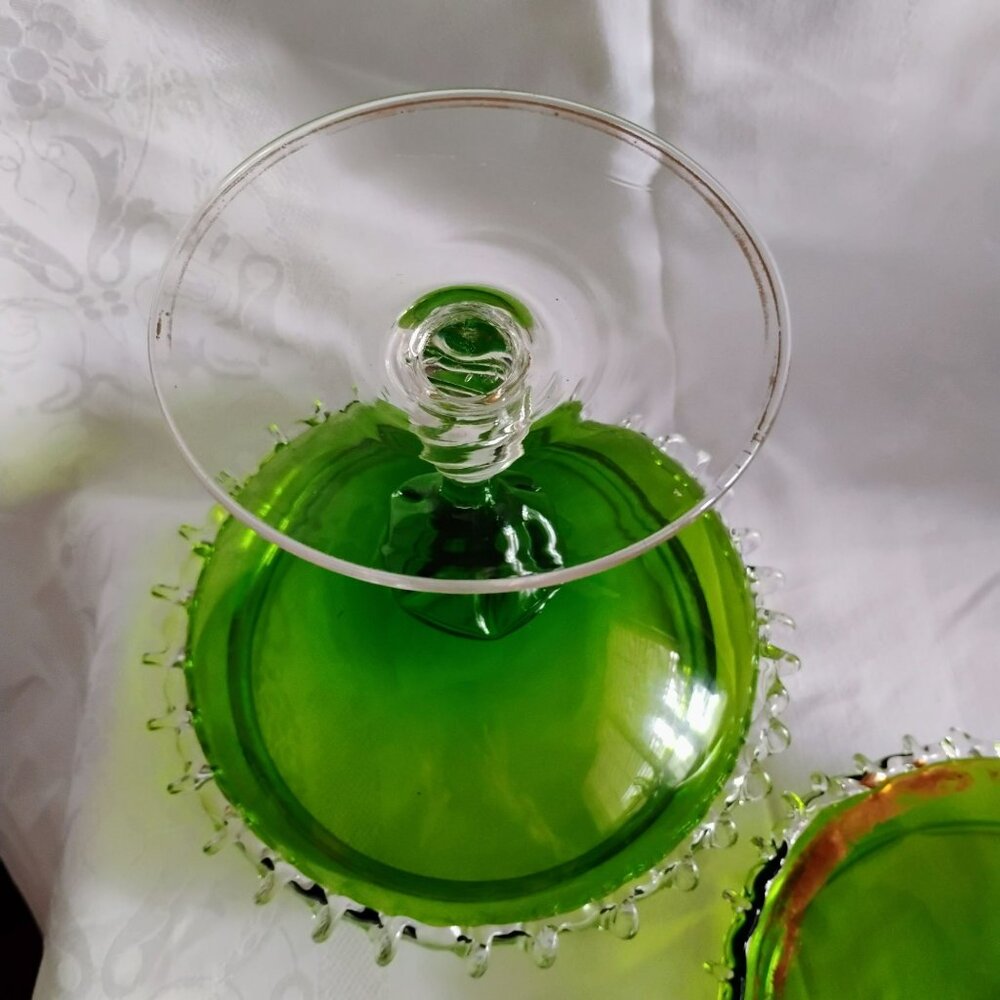 MCM Empoli Green Glass Compote Lidded Candy Dish Rigaree Edge Gilt Gold Romantic - Picture 6 of 13